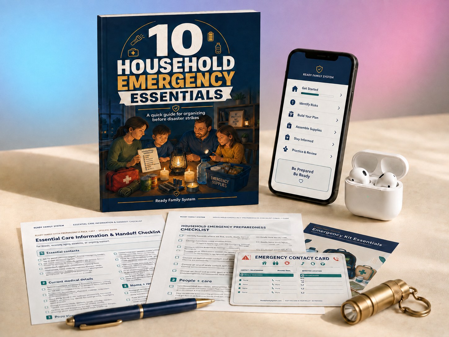 Promotional product mockup of the Free Readiness Bundle: ebook, phone, earbuds, checklists, contact card, and kit guide on a table.